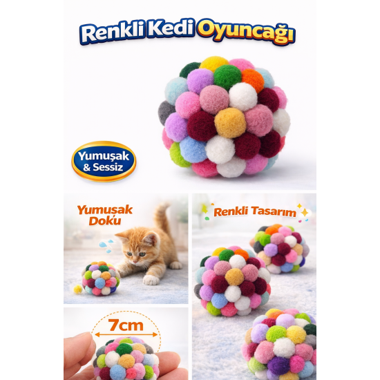 Renkli Ponpon Kedi Oyuncak Topu 7 cm  ( 2 Adet ) – Yumuşak Sessiz Kedi Oyun Topu