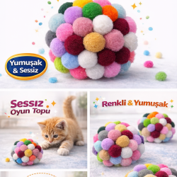Renkli Ponpon Kedi Oyuncak Topu 7 cm  ( 2 Adet ) – Yumuşak Sessiz Kedi Oyun Topu