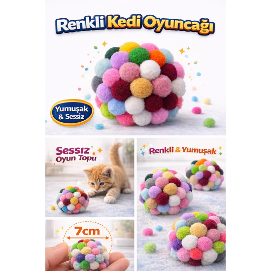 Renkli Ponpon Kedi Oyuncak Topu 7 cm  ( 2 Adet ) – Yumuşak Sessiz Kedi Oyun Topu