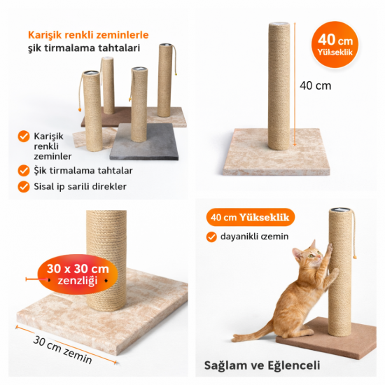 Kare Tabanlı Doğal Jut Kedi Tırmalama Tahtası 40 cm Karışık