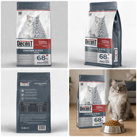 Decent Tavuklu Yetişkin Kedi Maması 1,5 Kg Hairball Control Tavuk & Pirinç Yetişkin Kedi Maması