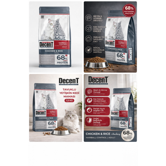 Decent Tavuklu Yetişkin Kedi Maması 1,5 Kg Hairball Control Tavuk & Pirinç Yetişkin Kedi Maması