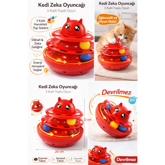 Hacıyatmaz Kedi Oyuncağı 3 Katlı Toplu Zeka Oyuncağı 20x21 cm – Devrilmez Interaktif Mama Oyuncağı