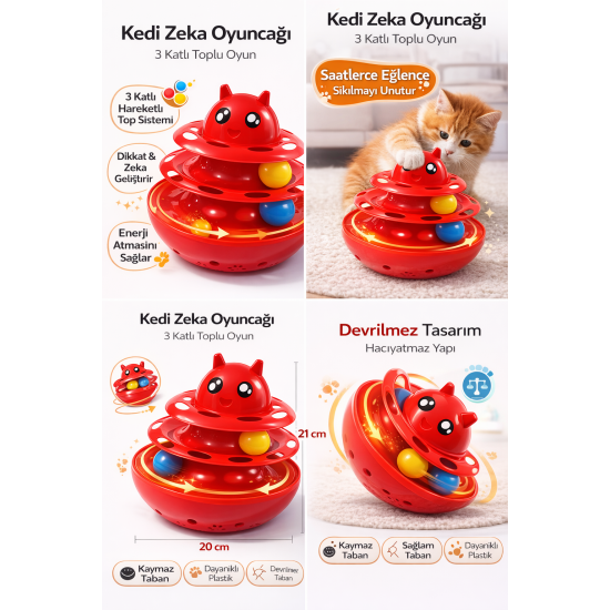 Hacıyatmaz Kedi Oyuncağı 3 Katlı Toplu Zeka Oyuncağı 20x21 cm – Devrilmez Interaktif Mama Oyuncağı