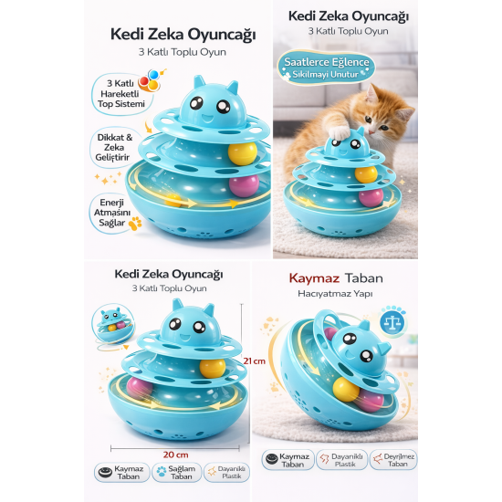 Hacıyatmaz Kedi Oyuncağı 3 Katlı Toplu Zeka Oyuncağı 20x21 cm – Devrilmez Interaktif Mama Oyuncağı