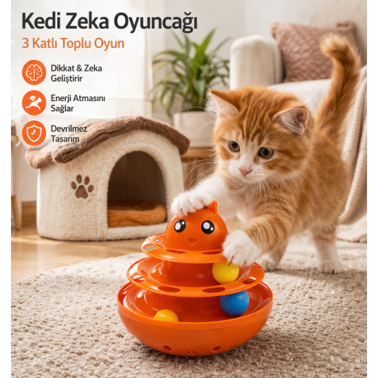 Hacıyatmaz Kedi Oyuncağı 3 Katlı Toplu Zeka Oyuncağı 20x21 cm – Devrilmez Interaktif Mama Oyuncağı