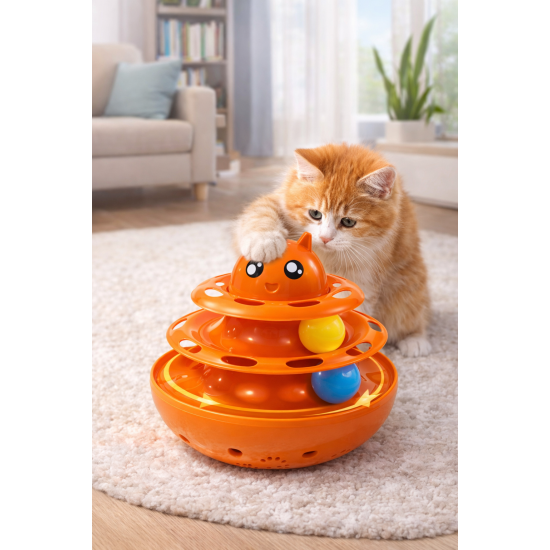 Hacıyatmaz Kedi Oyuncağı 3 Katlı Toplu Zeka Oyuncağı 20x21 cm – Devrilmez Interaktif Mama Oyuncağı