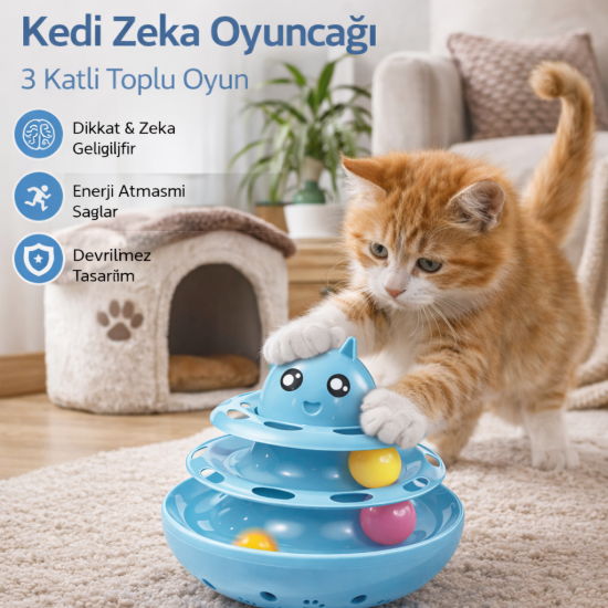 Hacıyatmaz Kedi Oyuncağı 3 Katlı Toplu Zeka Oyuncağı 20x21 cm – Devrilmez Interaktif Mama Oyuncağı