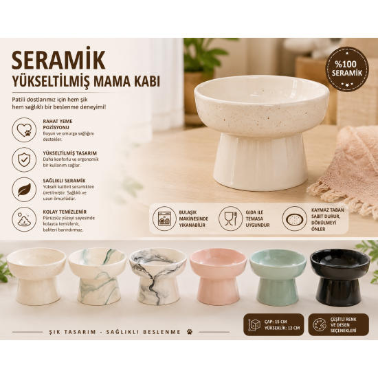 Yüksek Altlıklı Oval Seramik Mama Su Kabı 250 ml Çeşitli Renklerde