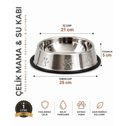Köpekler İçin Pati Desenli Çelik Mama Su Kabı 25 Cm - 32 Oz - 1 LT