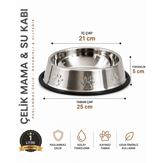 Köpekler İçin Pati Desenli Çelik Mama Su Kabı 25 Cm - 32 Oz - 1 LT