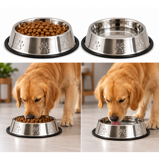 Köpekler İçin Pati Desenli Çelik Mama Su Kabı 33 Cm - 96 Oz - 3 LT