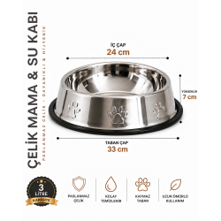 Köpekler İçin Pati Desenli Çelik Mama Su Kabı 33 Cm - 96 Oz - 3 LT