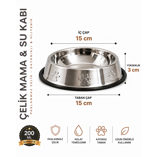 Karamelpet  Pati Desenli Çelik Mama ve Su Kabı 6 Oz 200 ml 15 cm