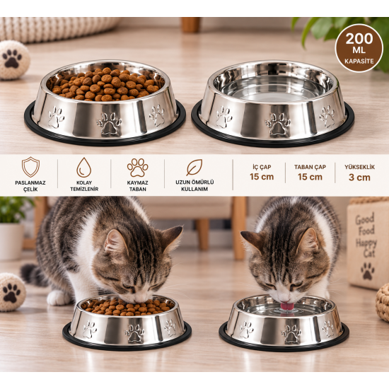 Karamelpet  Pati Desenli Çelik Mama ve Su Kabı 6 Oz 200 ml 15 cm