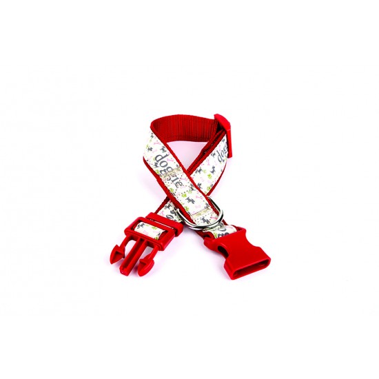 Doggie Köpek ve Pati Desenli Dokuma Köpek Boyun Tasması 3 cm x 36-60 cm Kırmızı