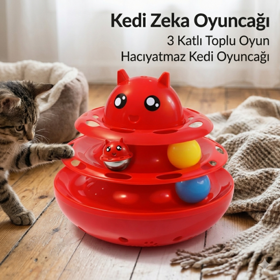 Hacıyatmaz Kedi Oyuncağı 3 Katlı Toplu Zeka Oyuncağı 20x21 cm – Devrilmez Interaktif Mama Oyuncağı
