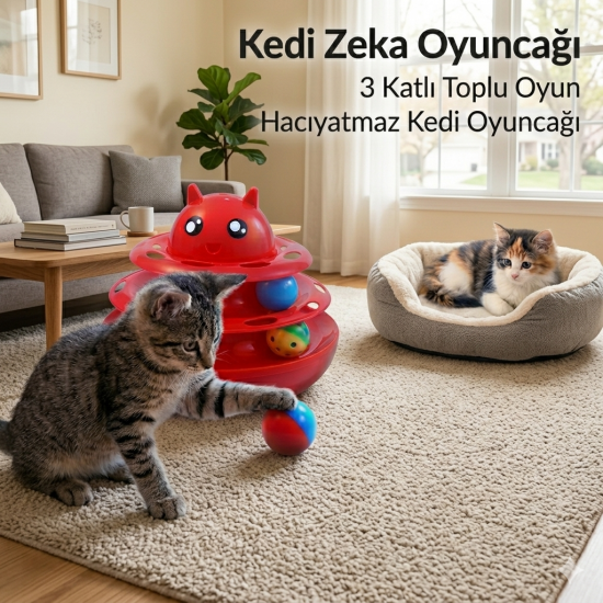 Hacıyatmaz Kedi Oyuncağı 3 Katlı Toplu Zeka Oyuncağı 20x21 cm – Devrilmez Interaktif Mama Oyuncağı