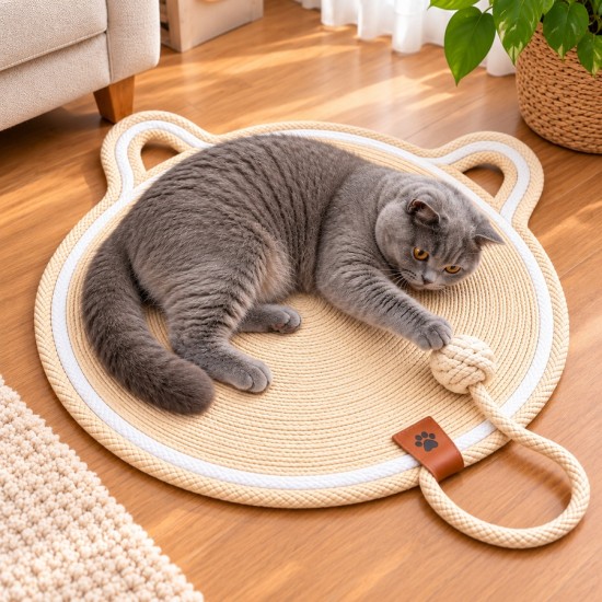 Kedi Kafa Figürlü Kedi Tırmalama Paspası 44 cm-113 cm Krem