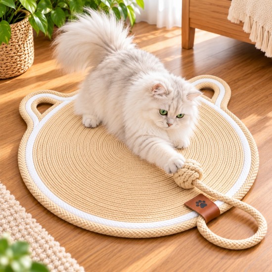 Kedi Kafa Figürlü Kedi Tırmalama Paspası 44 cm-113 cm Krem