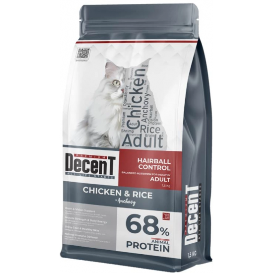 Decent Tavuklu Yetişkin Kedi Maması 1,5 Kg Hairball Control Tavuk & Pirinç Yetişkin Kedi Maması